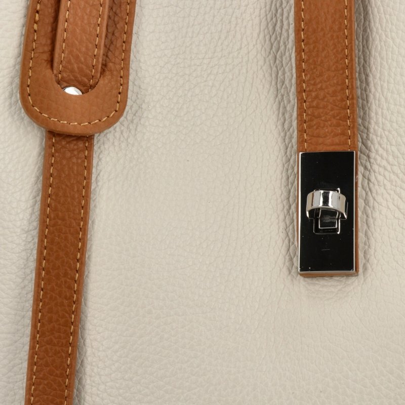 Elegancka Torebka Skórzana Shopper Bag Beżowa/Ruda