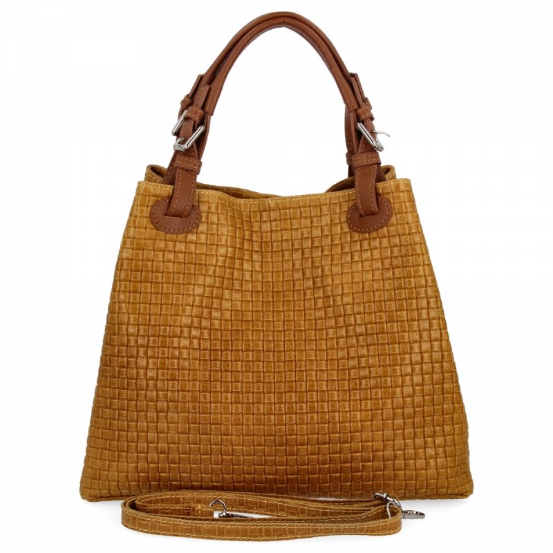 Stylowa Torebka Skórzana Shopper Bag Musztarda