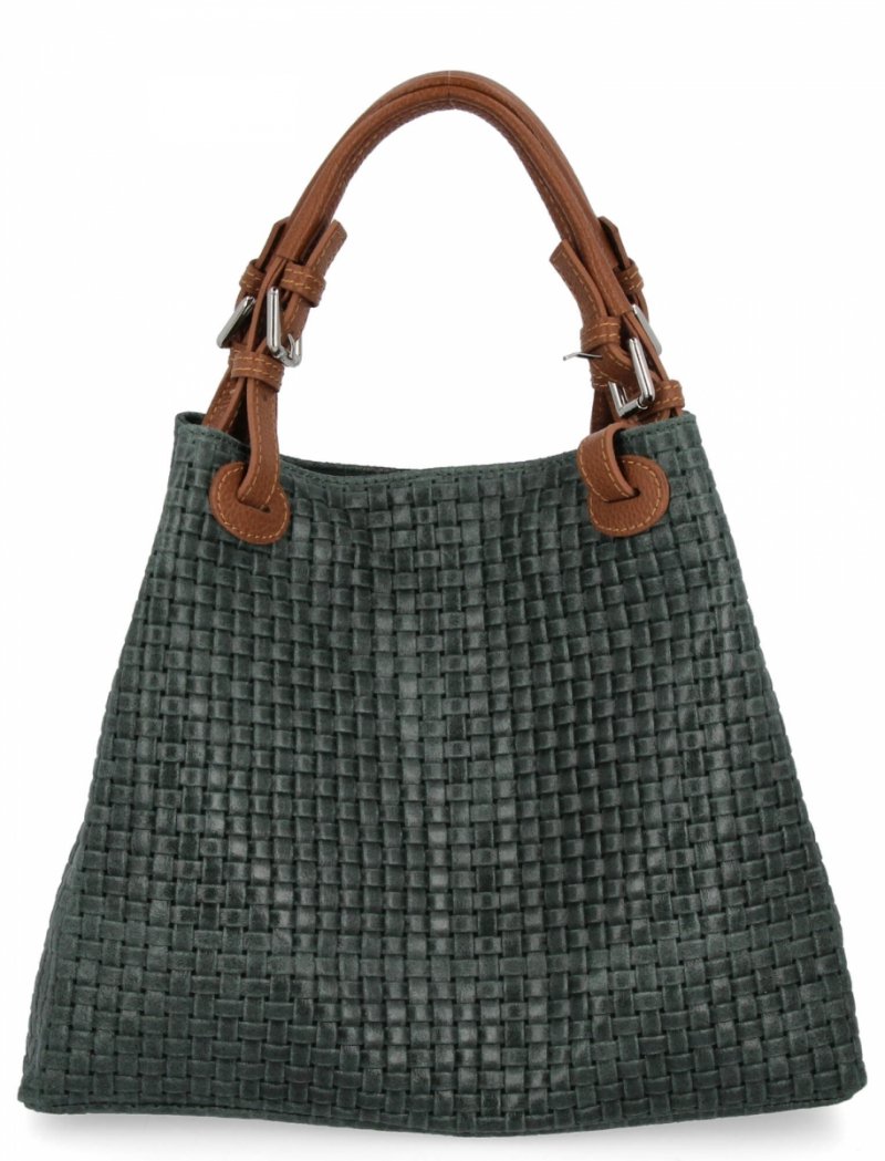 Stylowa Torebka Skórzana Shopper Bag Butelkowa Zieleń