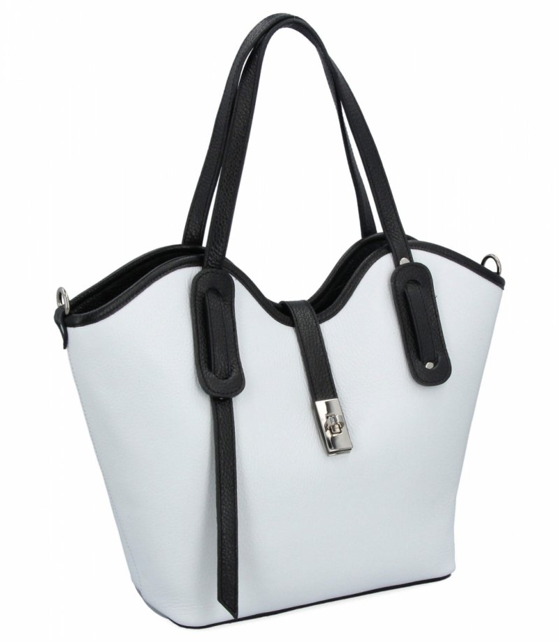 Elegancka Torebka Skórzana Shopper Bag Biała/Czarna