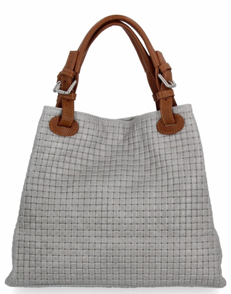 Stylowa Torebka Skórzana Shopper Bag Jasno Szara