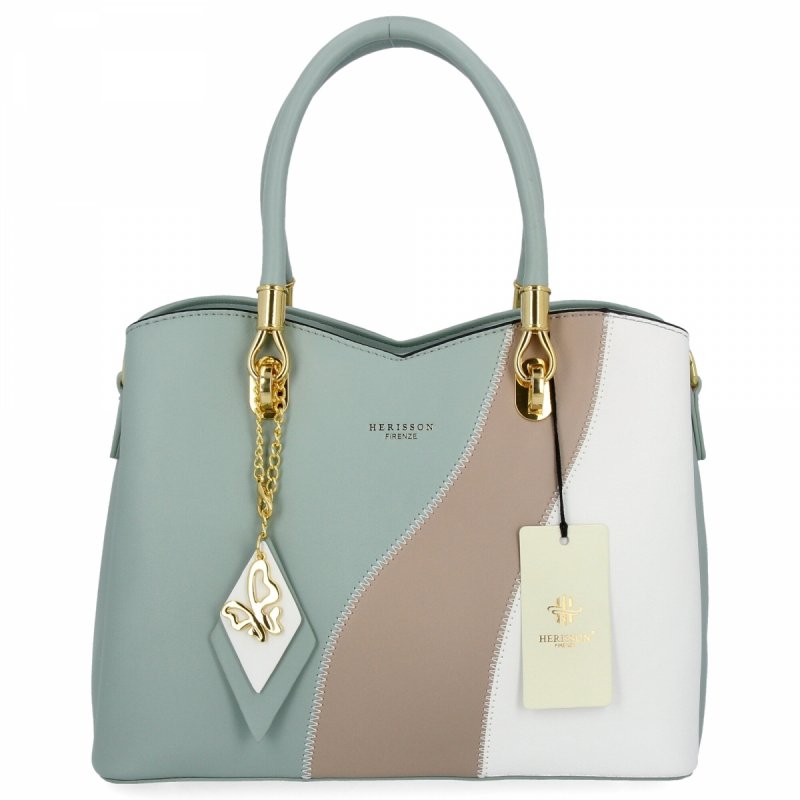 Modna Torebka Damska Kuferek 3 Komory firmy Herisson Miętowa/Biała