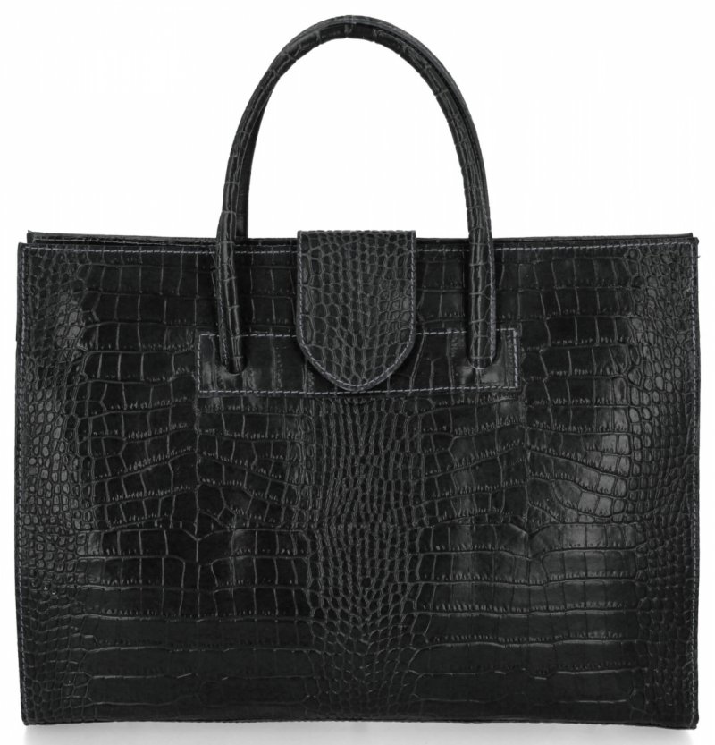 Torebka Skórzana Aktówka we Wzór Aligatora Czarna