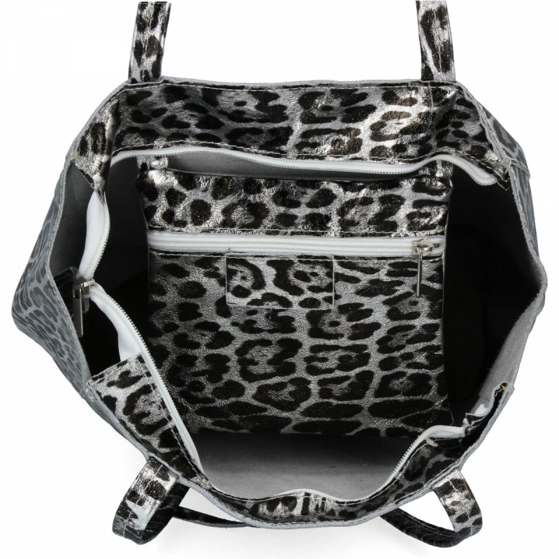 Stylowa Torebka Skórzana Shopper Bag z Kosmetyczką Srebrna
