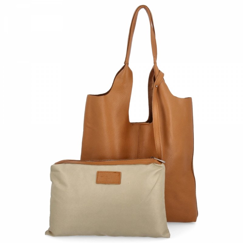 Torebka Skórzana Shopper Bag z Kosmetyczką Ruda