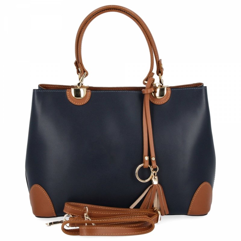 Włoska Torebka Skórzana Kuferek Granatowa/Ruda