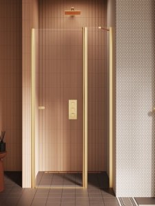 NEW TRENDY Drzwi wnękowe NEW SOLEO GOLD BRUSHED 1D U 90x195 szkło czyste 6mm Active Shield 2.0 - z elementem stałym D-0771A