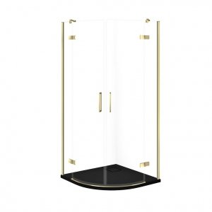 CERSANIT - SET C623 - Kabina półokrągła CITY by Cersanit 90x90X195 złota szkło transparentne + brodzik TAKO Slim czarny mat  S4004-086