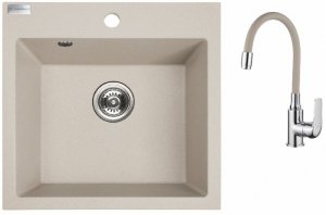 AQUAFORM - zlewozmywak granitowy MARANELLO 490 X 490 X 215 - 1 komora, BEŻOWY + syfon oszczędzający miejsce + bateria stojąca z wylewką elastyczną  AQ.901-1002507