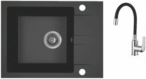 AQUAFORM - zlewozmywak granitowy MARANELLO 440 X 570 X 215 - 1 komora z 1/2 ociekacza, CZARNY MONO + syfon oszczędzający miejsce z korkiem automatycznym + bateria stojąca z wylewką elastyczną  AQ.901-1019506