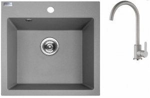 AQUAFORM - zlewozmywak granitowy MARANELLO 490 X 490 X 215 - 1 komora, SZARY + syfon oszczędzający miejsce + bateria stojąca z wylewką U  AQ.901-1003503
