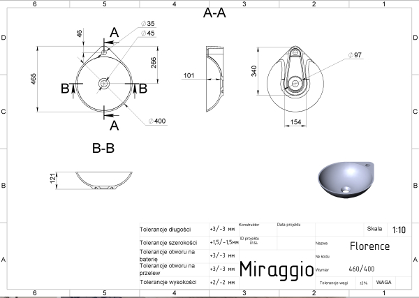 MIRAGGIO Umywalka nablatowa FLORENCE  biała 0000197