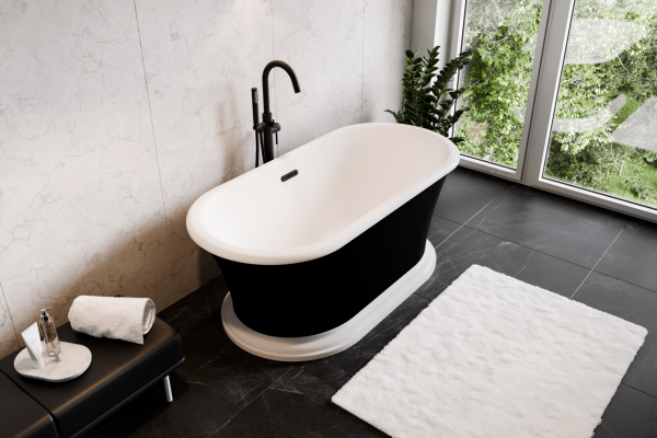 BESCO Wanna wolnostojąca Ziva Matt B&amp;W 160x75 + klik-klak z przelewem szczelinowym chrom #WMA-160ZBSC