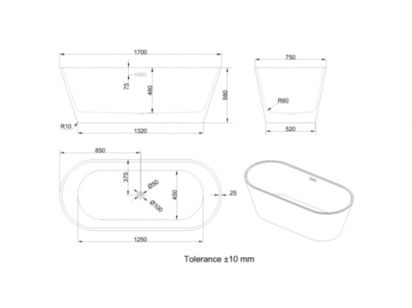 INVENA Wolnostojąca wanna Limnos, 170 cm w komplecie z syfonem i korkiem/odpływem w kolorze złotym AN-00-190-KPL