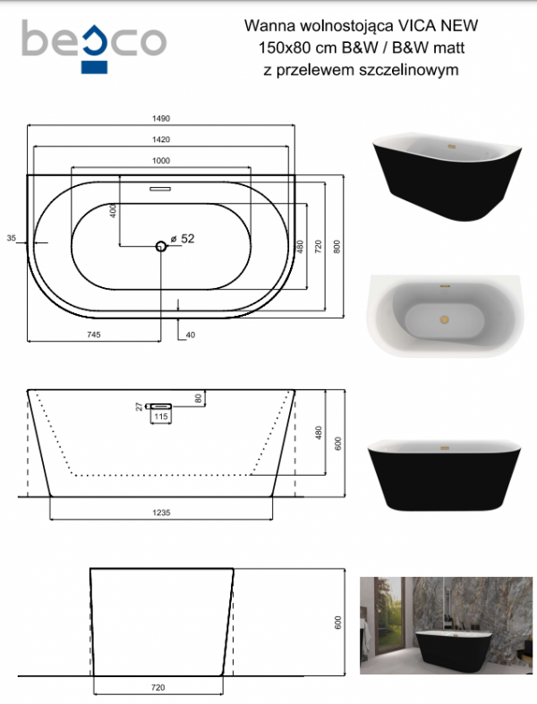 BESCO Wanna wolnostojąca Vica New Matt B&amp;W 150 + klik-klak biały z przelewem slim #WAS-15VNMBI