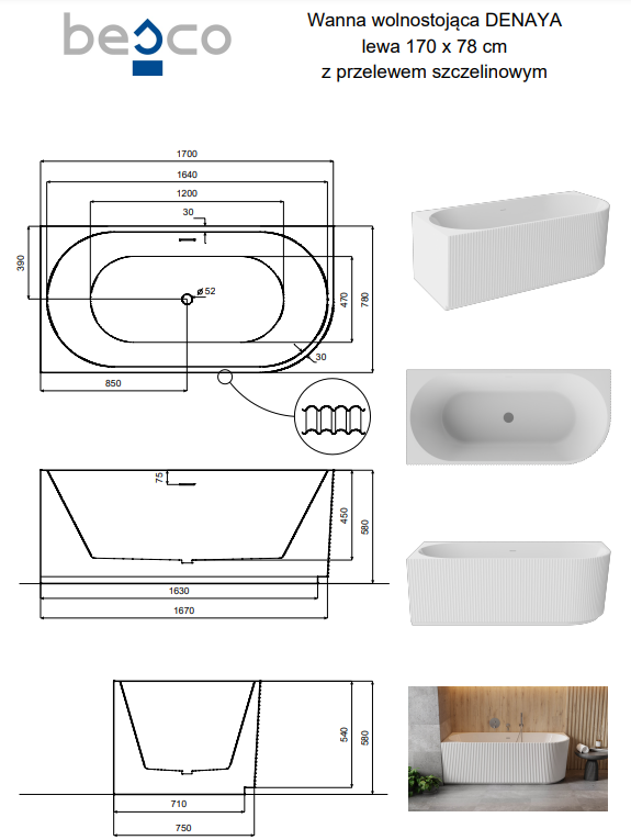BESCO Wanna przyścienna wolnostojąca Denaya 170x78 Lewa + maskownica odpływu złota #WAS-170-DLG