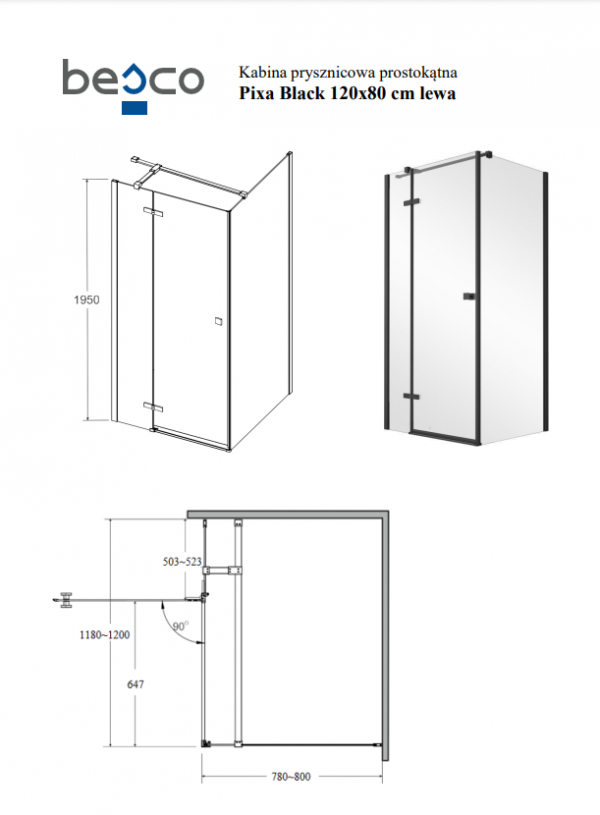 BESCO Kabina prysznicowa Pixa Black 120x80 Lewa PPL-128-195B