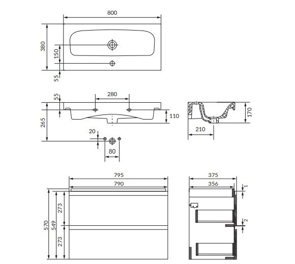 CERSANIT - Set B886 MODUO 80 antracytowy (szafka + umywalka)  S801-476