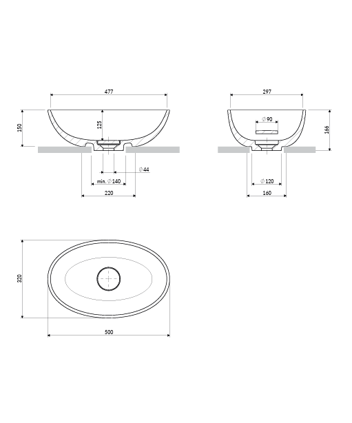 OMNIRES umywalka nablatowa, 50 x 32 cm SHELL M+ black lava mat SHELL500UNBLV