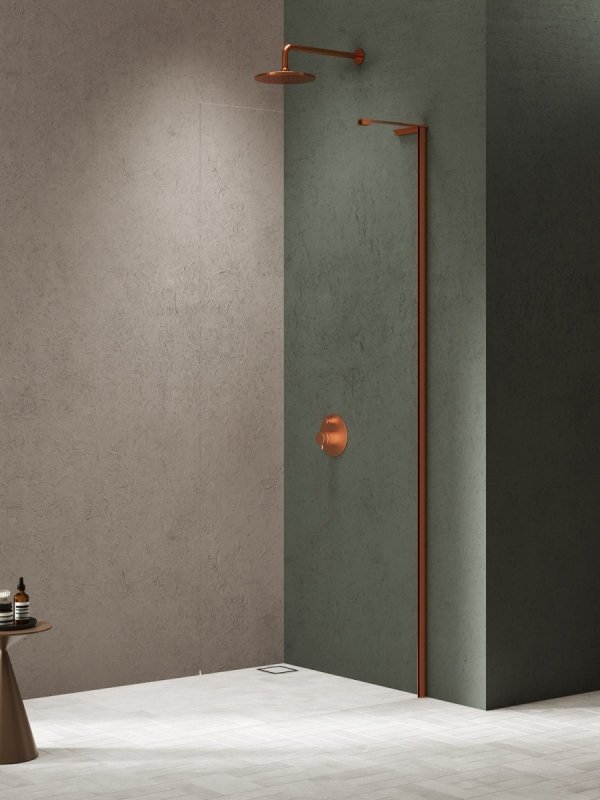 NEW TRENDY Kabina prysznicowa NESTA COPPER BRUSHED WALK-IN U 80x200 szkło czyste 8mm Active Shield 2.0 - WSPORNIK KĄTOWY K-1747-WL