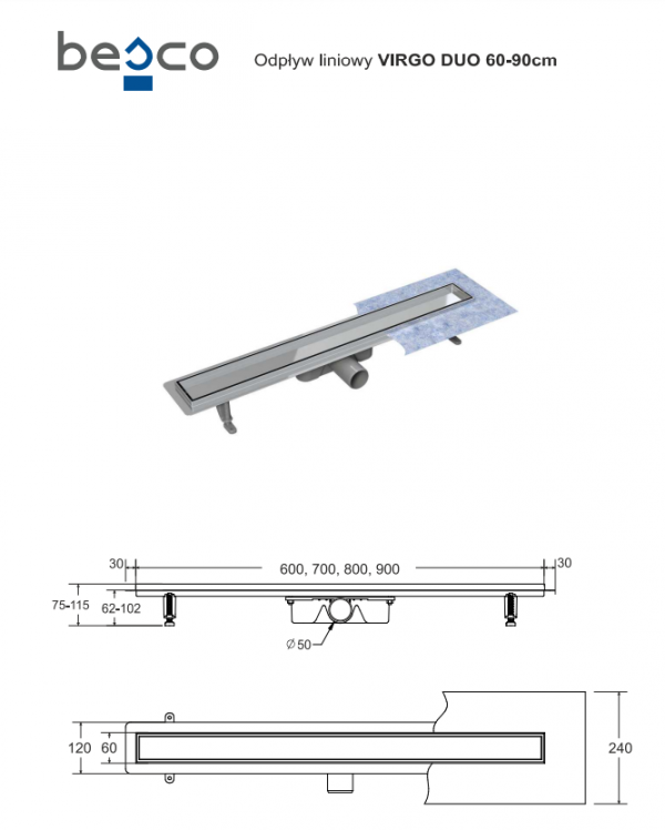 BESCO Odpływ prysznicowy liniowy Virgo Duo 60 OL-60-VD
