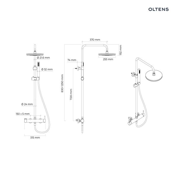 Oltens Molle zestaw prysznicowy ścienny z deszczownicą czarny mat 36504300