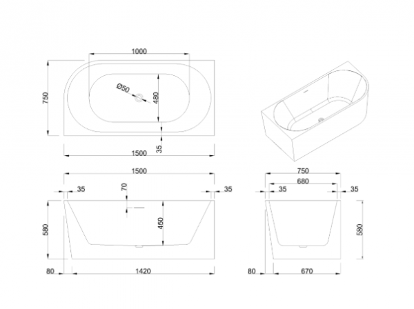 INVENA Wolnostojąca przyścienna wanna Astri, 150cm, lewostronna, w komplecie z syfonem, korkiem oraz estetycznym przelewem AN-03-15L-F