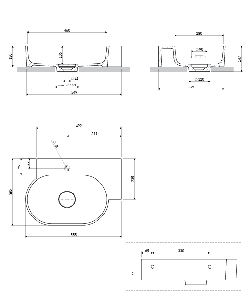 OMNIRES umywalka nablatowa/wisząca OVO M+ prawa, 55 x 38 cm ash grey mat OVO555UWPAG