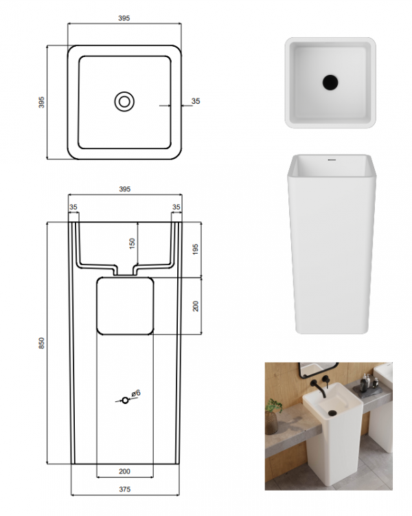 BESCO Umywalka wolnostojąca matowa 40x40x85 Aygo + syfon czarny matt #UAS-A-WOC
