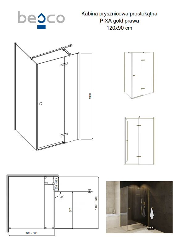 BESCO Kabina prysznicowa Pixa Gold 120x90 Prawa PPP-129-195G