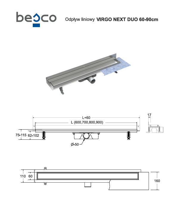 BESCO Odpływ liniowy Virgo Next Duo 60vm OL-60-VND