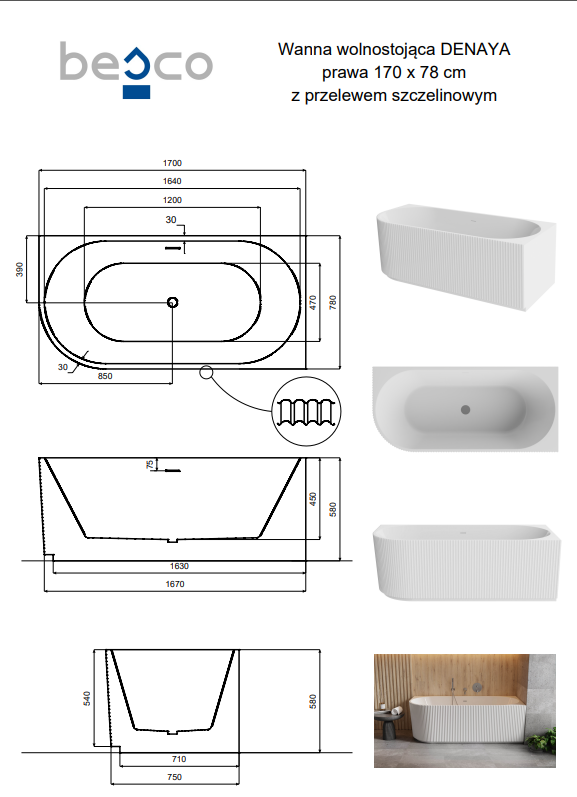 BESCO Wanna wolnostojąca przyścienna Denaya B&amp;W 170x78 Prawa + maskownica odpływu czarna #WASB-170DPB