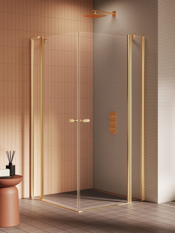 NEW TRENDY Kabina prysznicowa NEW SOLEO GOLD BRUSHED 2D prostokątna U 80x90x195 szkło czyste 6mm Active Shield 2.0 - z el. stałym K-4235