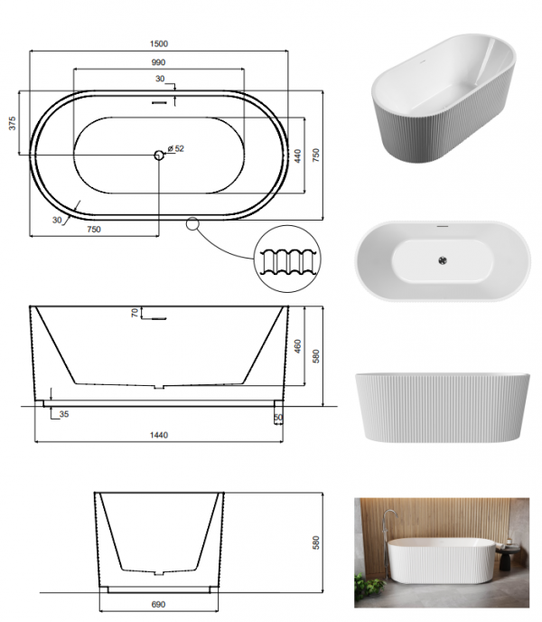 BESCO Wanna wolnostojąca Giuliana B&amp;W 150 + maskownica odpływu biała #WASB-150GBI