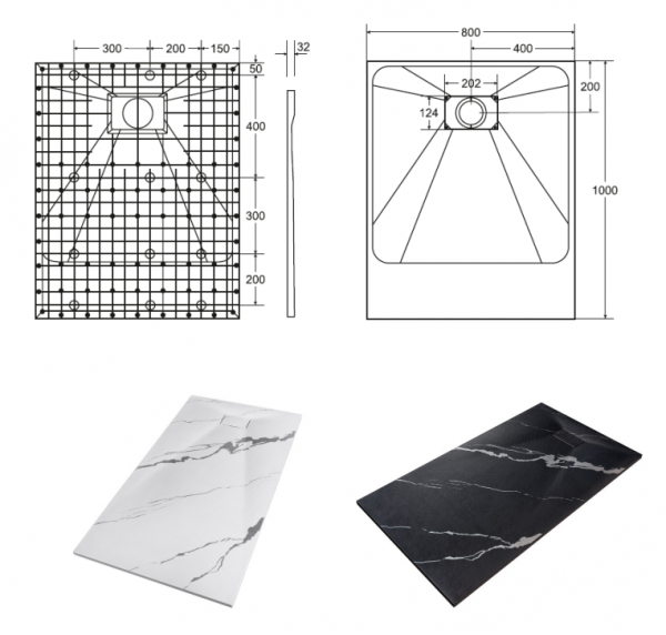 BESCO Brodzik prostokątny 100x80 Vexo Marble Black 100 VMB-100-80-P