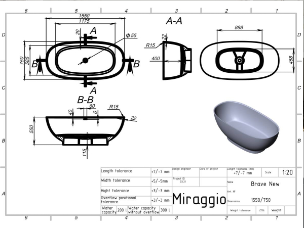 MIRAGGIO Wanna wolnostojąca BRAVE NEW biała matowa 155 cm