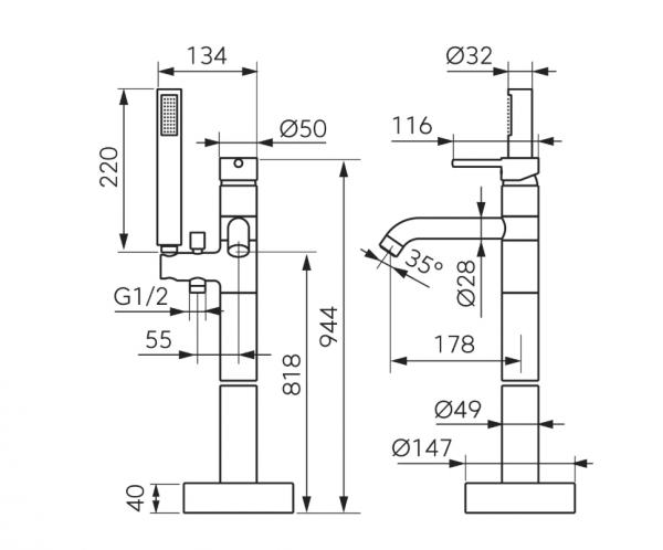 FERRO Wolnostojąca bateria wannowa z zestawem natryskowym złoto szczotkowane CIRICULUS BCK11FBG