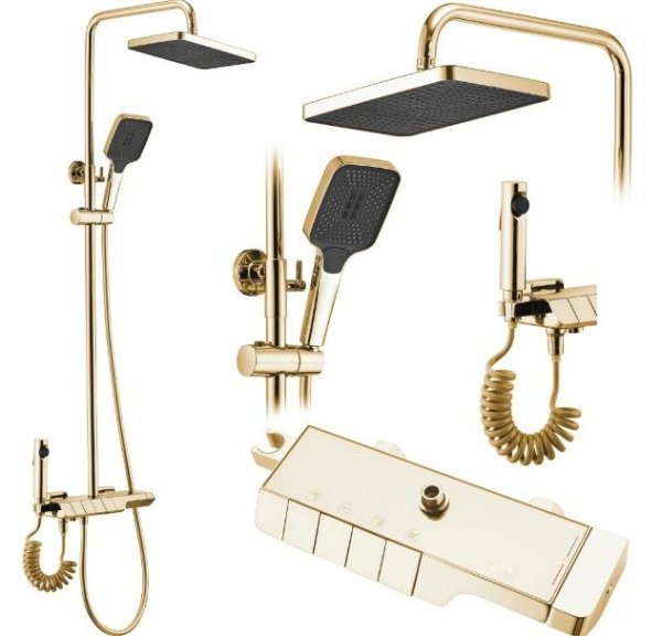 REA - Zestaw Natryskowy z Termostatem i wylewką ROB Gold / Złoty