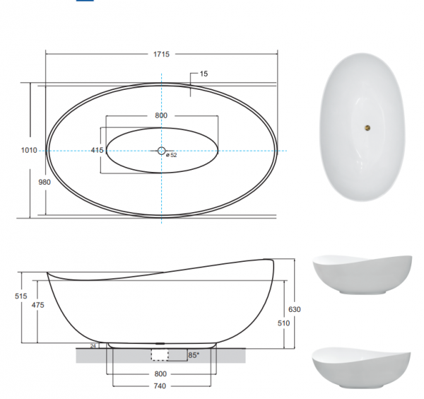 BESCO Wanna wolnostojąca Siya Matt 172X100 + klik-klak chrom czyszczony od góry #WMMB-172SKC