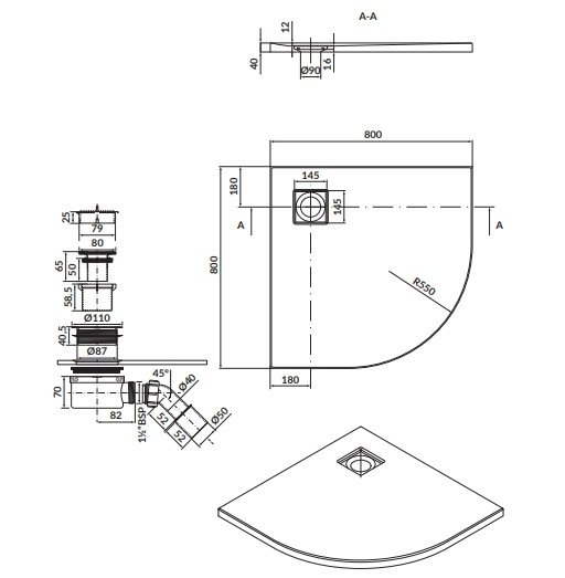CERSANIT - brodzik półokrągły TAKO Slim 80x4 biały mat + syfon  S932-155