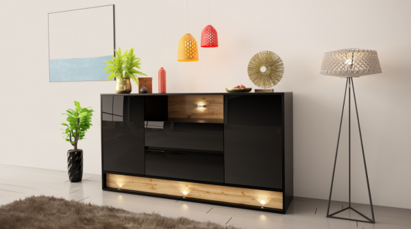 MEGSTYL KOMODA 160CM Z WSTAWKĄ DĄB WOTAN - Czarny - Wotan mat - Czarny połysk VISION 2