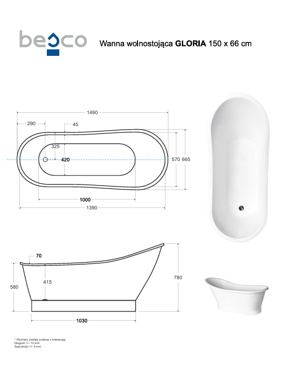BESCO Wanna wolnostojąca Gloria 150x66 + klik-klak złoty czyszczony od góry #WMD-150-GLG