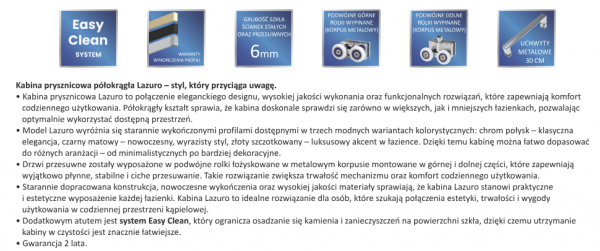 AQUAFORM KABINA PÓŁOKRĄGŁA LAZURO 90X90X200 CHROM, SZKŁO CZYSTE 6MM EASY CLEAN AQ.100-502104