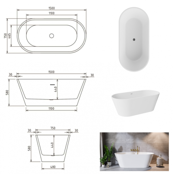 BESCO Wanna wolnostojąca Deeva 150x75 + maskownica odpływu złota #WWA-150-DZL