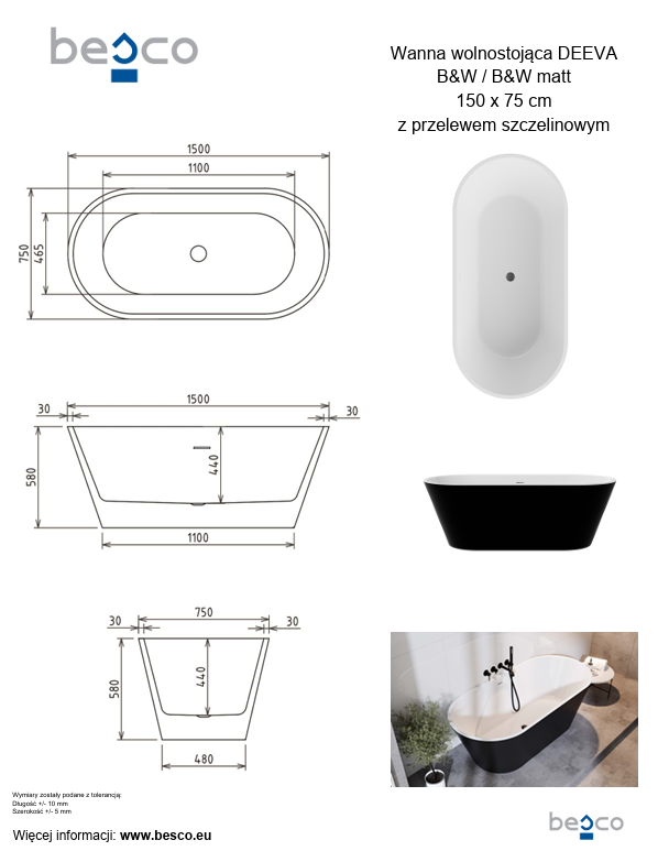 BESCO Wanna wolnostojąca Deeva B&amp;W 150 + maskownica odpływu biała #WWA-150-DBW