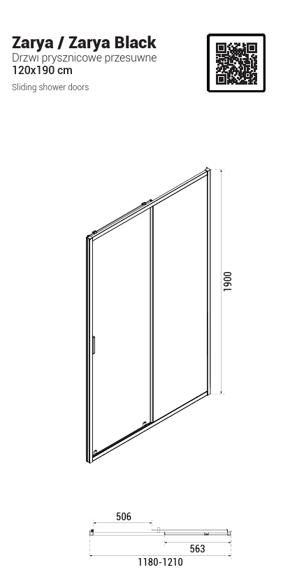 BESCO Drzwi prysznicowe przesuwne Zarya Black 120 DZB-120