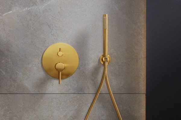 KFA Zestaw natryskowy MOZA GOLD/ZŁOTO SZCZOTKOWANE podtynkowy z baterią 3 funkcyjną 5039-501-31 + odpływ liniowy 60cm 