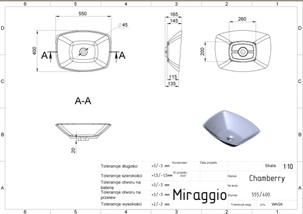 MIRAGGIO Umywalka nablatowa CHAMBERY 0000500