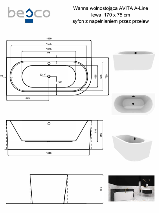 BESCO Wanna wolnostojąca Avita A-line 170 L + syfon z napełnieniem złoty #WAA-170ALZN