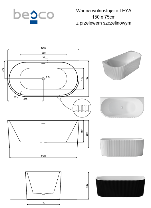 BESCO Wanna wolnostojąca przyścienna Leya B&amp;W 150x75 + maskownica odpływu czarna #WASB-150LCZ